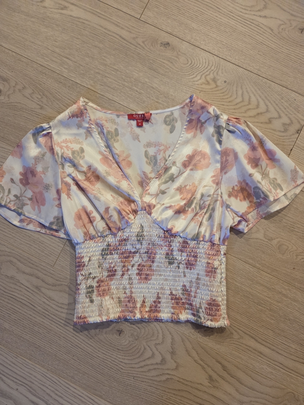 GUESS Cream Floral Smocked Crop Top with Pink Florals